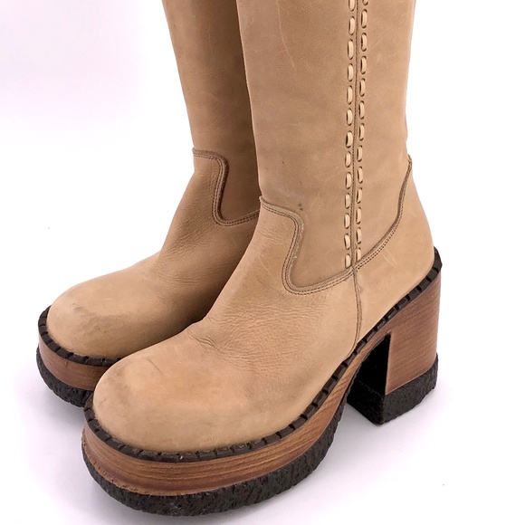 London Underground Shoes - London Underground Tan Leather Platform Tall Boots